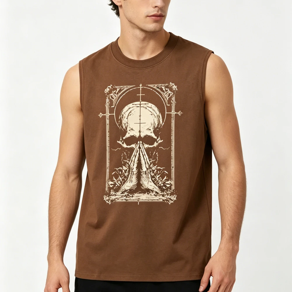 Gothic Prayer Skull Sleeveless Tank Vintage Cross Ornate Art Print Clothing Vintage Cross & Praying Hands Art Muscle Mens Tee