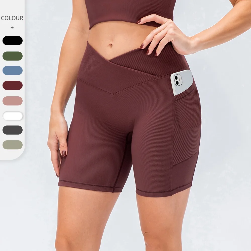 Women Cross Waist Yoga Shorts With Pockets High Waist Butt Lifting Tight Fitness Workout Running Shorts