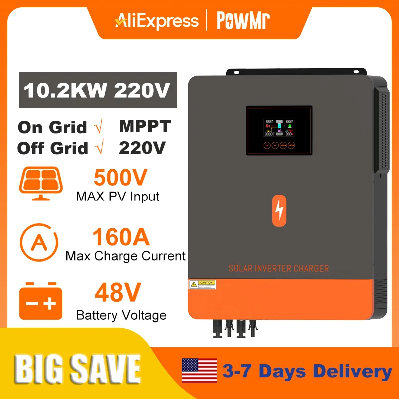 

PowMr 10.2KW Hybrid Solar Inverter 48V 230V On Grid Off Grid Pure Sine Wave Inverter Dual Output MPPT 160A Solar Battery Charger