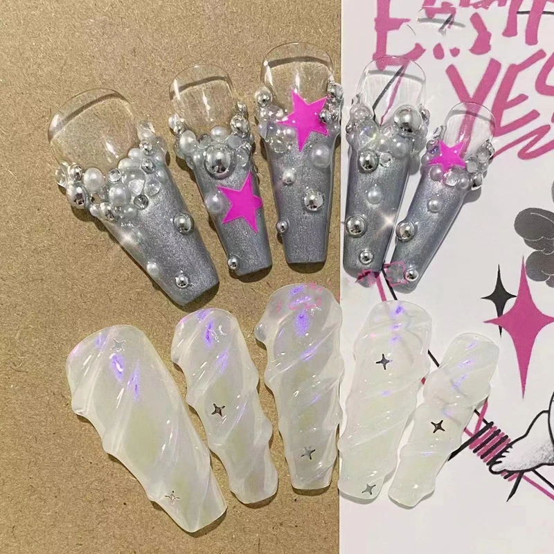 Kawaii Hello Kitty Y2K Press On Nail Cute Cartoon Star Fake Nails With Glue Long Coffin Stiletto Nails Full Cover Nail Tips Gift