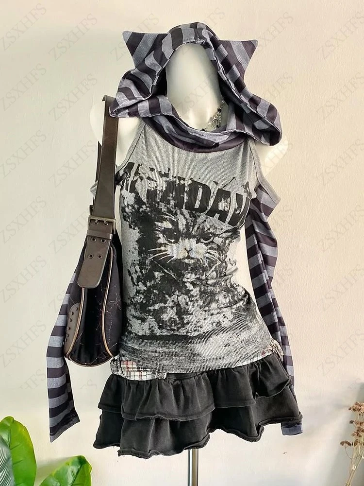 Y2k مثير هود تي شيرت القوطية Sweetwear الخريف ملابس حريمي خمر شريط عاري الكتفين طويلة الأكمام الشرير ثقافة فرعية البلوفرات #2