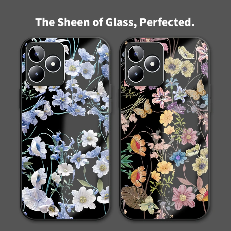 زهرة جراب هاتف ل ممن لهم Realme C33 C30 C25Y C55 C53 C51 C35 C21Y C20A C12 C15 C11 للصدمات الزجاج المقسى الغطاء الخلفي