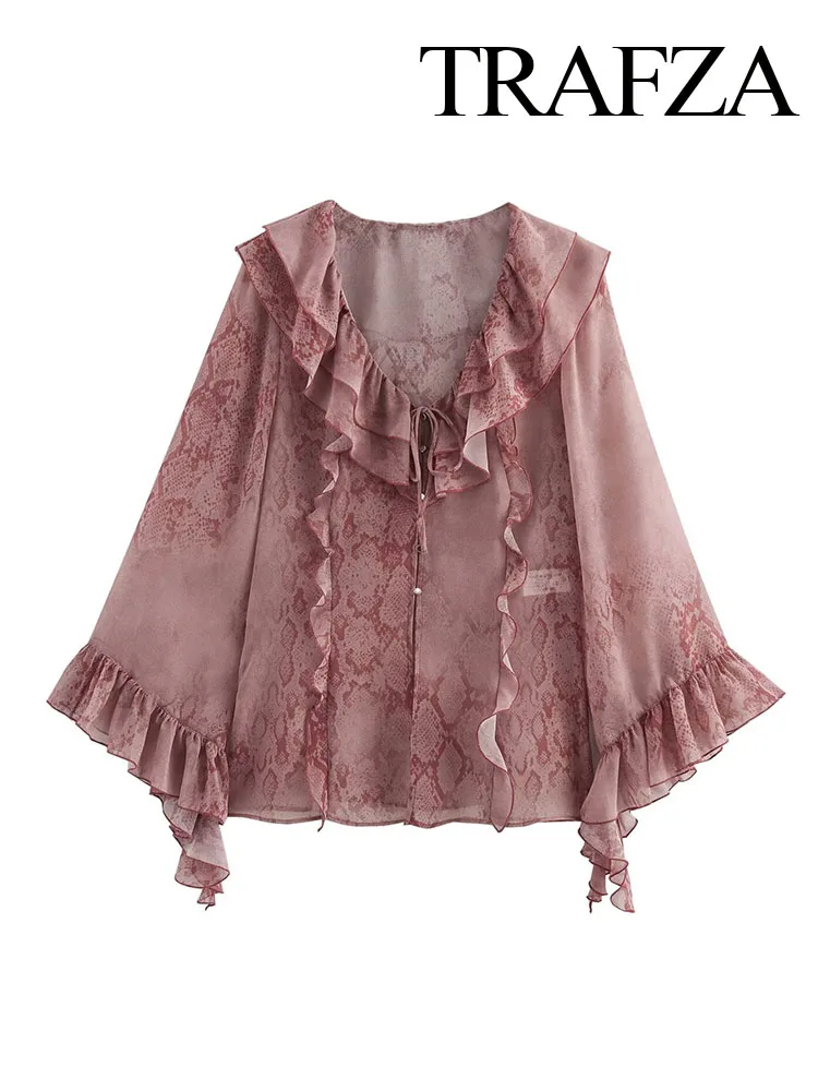 

TRAFZA Women's 2025 Spring New Animal Print Slim Fit Laminated Decorative Shirt Female Chic Ruffle Chiffon Long Sleeve Loose Top