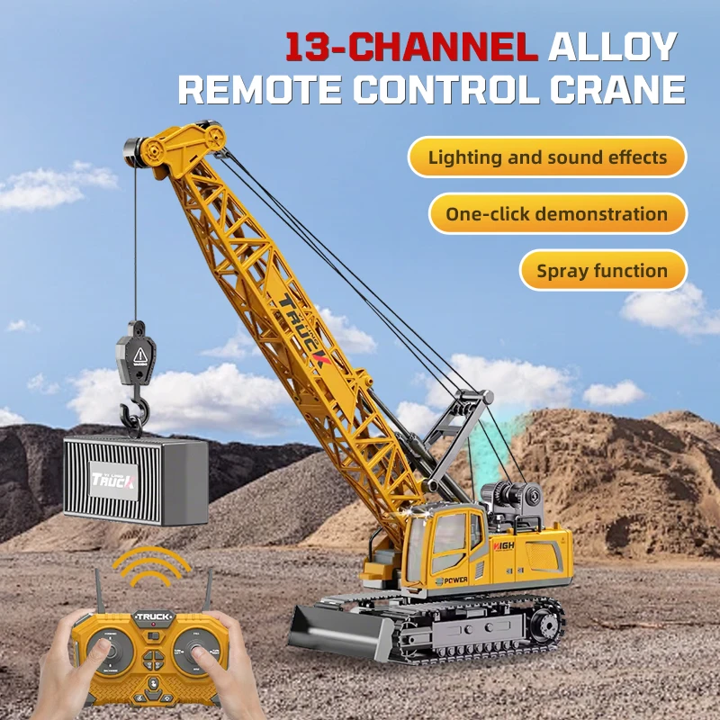 2.4G 13CH RC Crane Truck Alloy Construction Vehicle with Mist Spray Working Hook Boom Lift 680° Rotate Engineering Toy for Boys