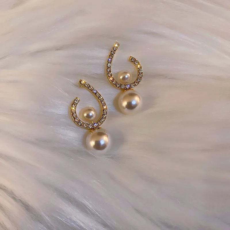 Gold-Plated Clean Stone Women Stud Earring Fake Pearl Girl Wedding Party Jewelry