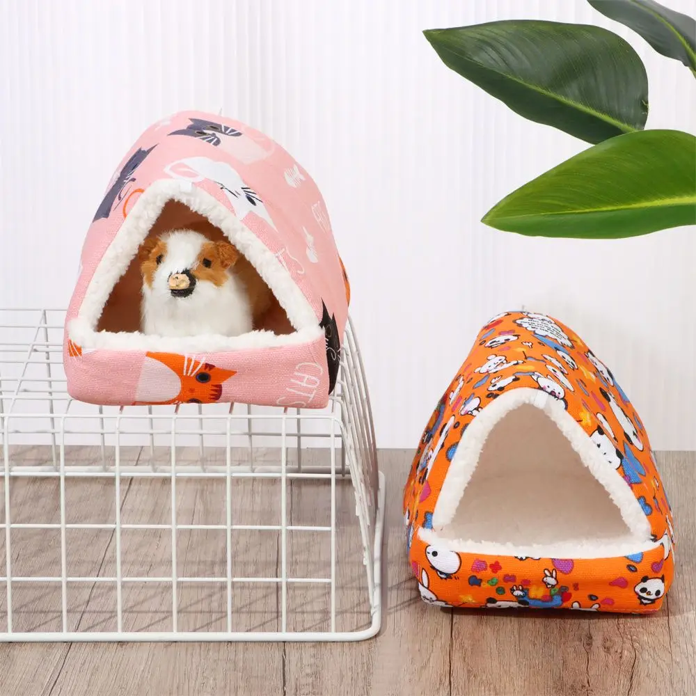 Pet Hamster Nest Semi-closed Velvet Warm Small Animal Cotton House Cartoon Pattern Guinea Pig Squirrel Cage Sleeping Bed