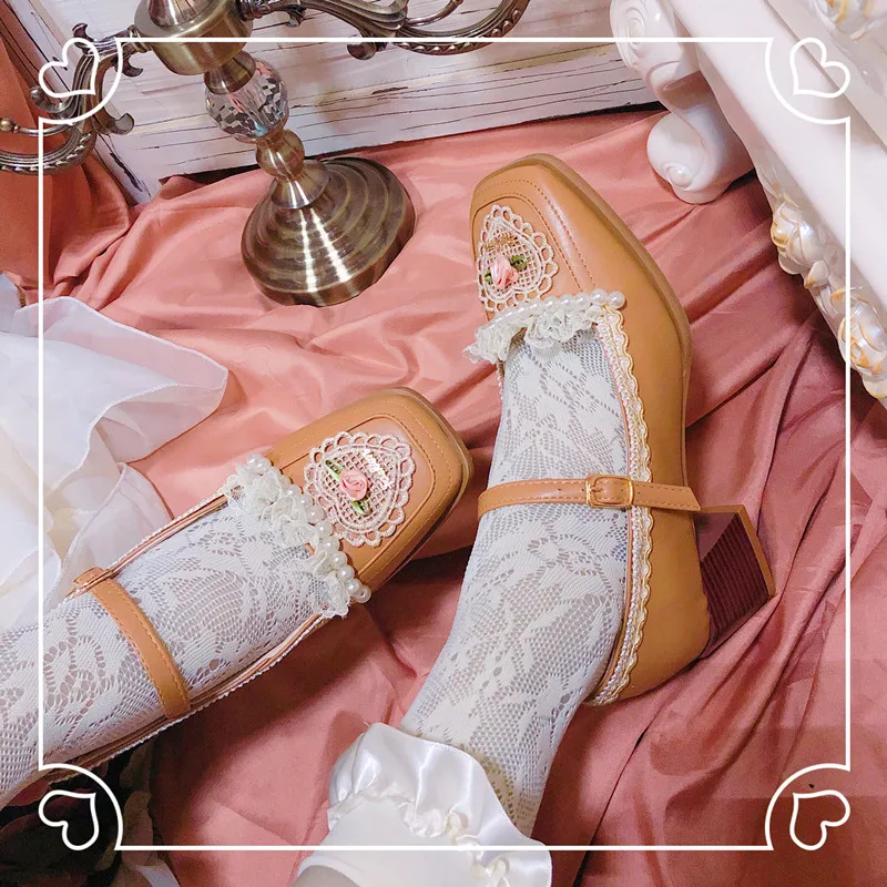 

Lolita Retro Thick Bottom College Style Women Summer Shallow Pearl Lace Bowknot Princess Kawaii Shoes Mouth High Heels