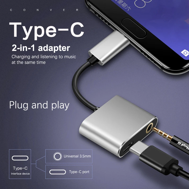 Multipurpose 2 In 1 USB Type-C To 3.5mm Socket Adapter Type C Charge Adaptor Type C To 3.5mm Charge Audio Adapter Splitter