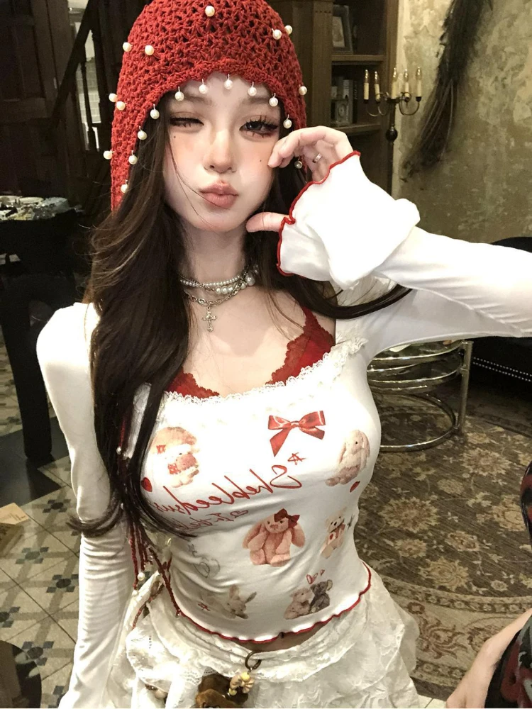 Autumn Vintage Y2k Crop Top Blouse Women Long Sleeve Bodycon Korean Fashion Clothing Sexy T-shirts Female Christmas New Years