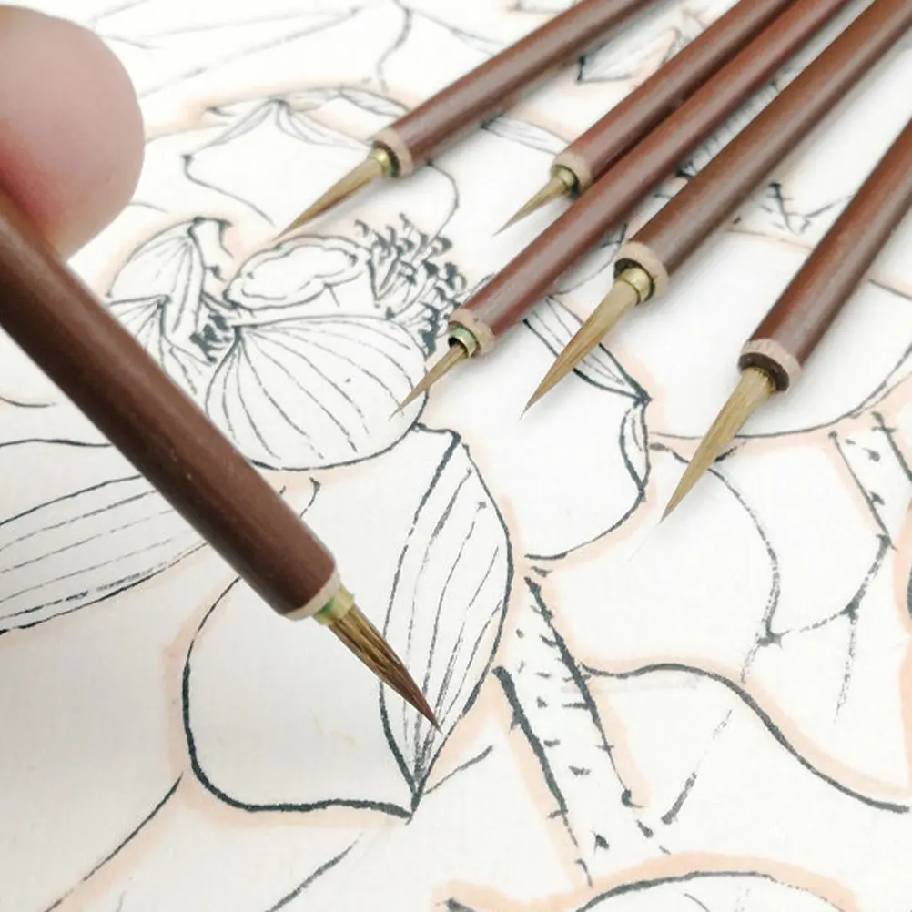 6Pcs Chinese Calligraphy Brushes Weasel Hair Bamboo Fine Line Drawing Pens for Painting Sketching Watercolor Oil Painting Art