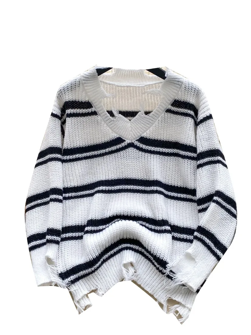 Foamlina Y2k Girl's Streetwear Stripe Sweater Women's Edgy Knit Jumper Cool Top Distressed Stripe Pattern Loose Pullover Sweater