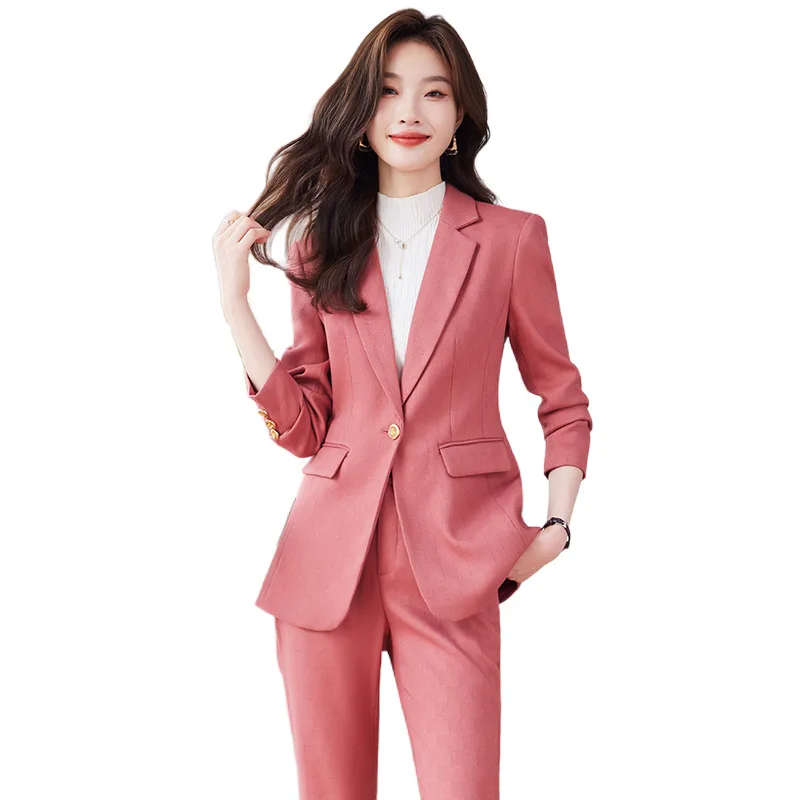 Pink Blue Black Women Pant Suit High Quality 2 Piece Set Office Ladies OL Girl Formal Jacket Blazer And Trousers For Work Wear