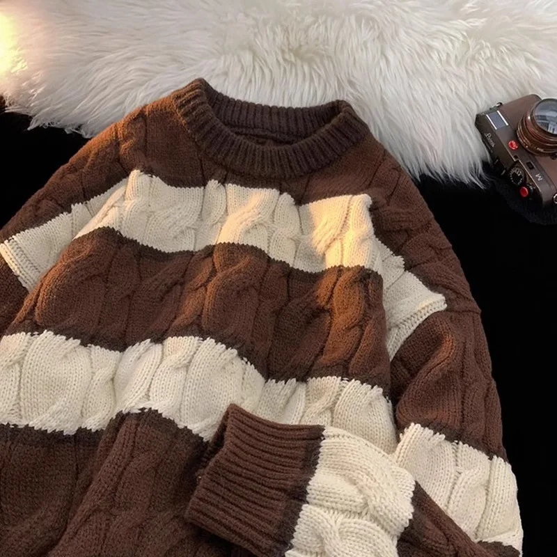 Thickened Autumn Winter Knitted Sweater for Teenage Boys round Neck Stripe Pattern Couple's Warm Casual Outerwear