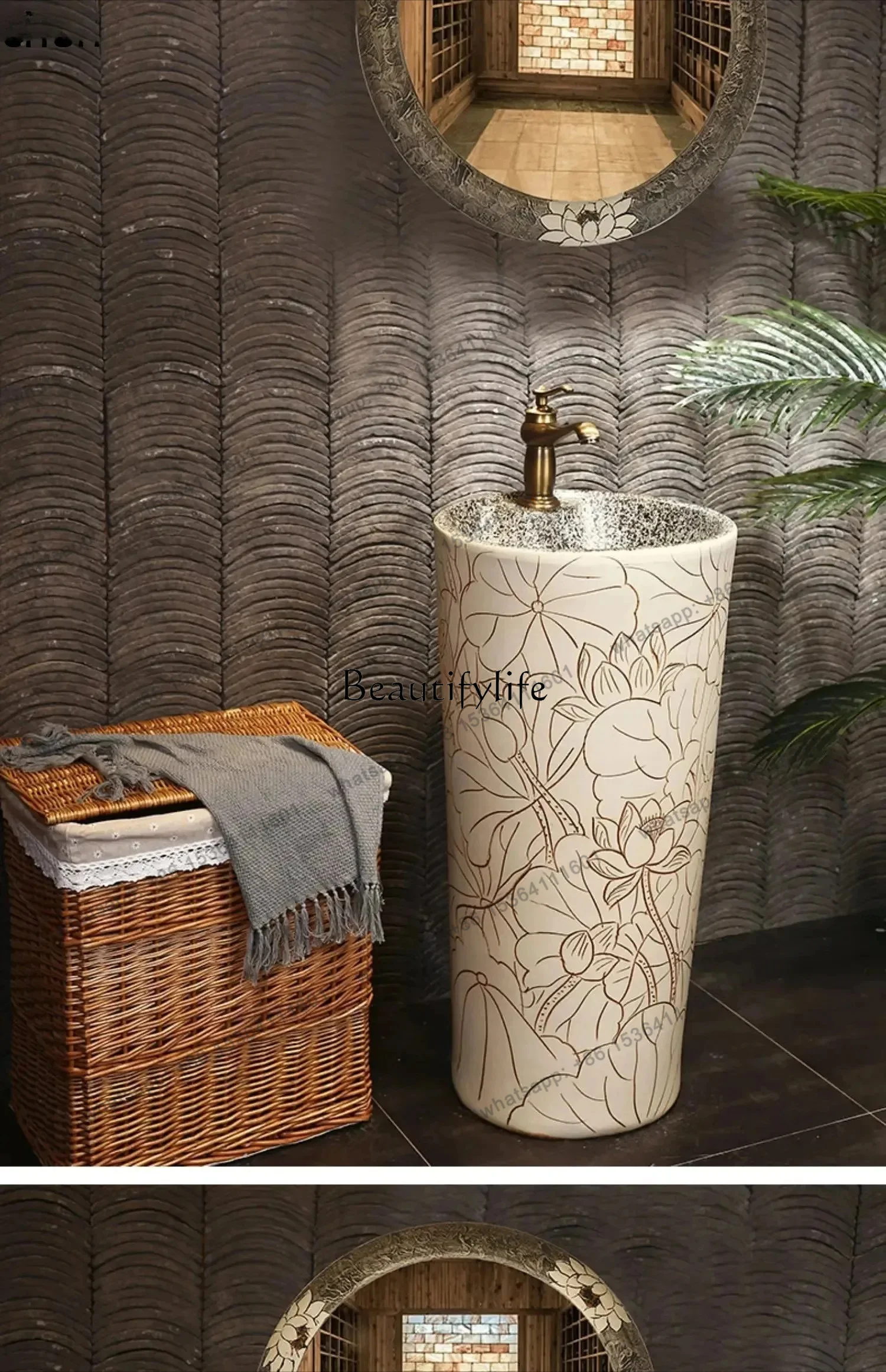 jj4 Lavabo da pavimento integrato con colonna in ceramica   con incisione di loto bianco