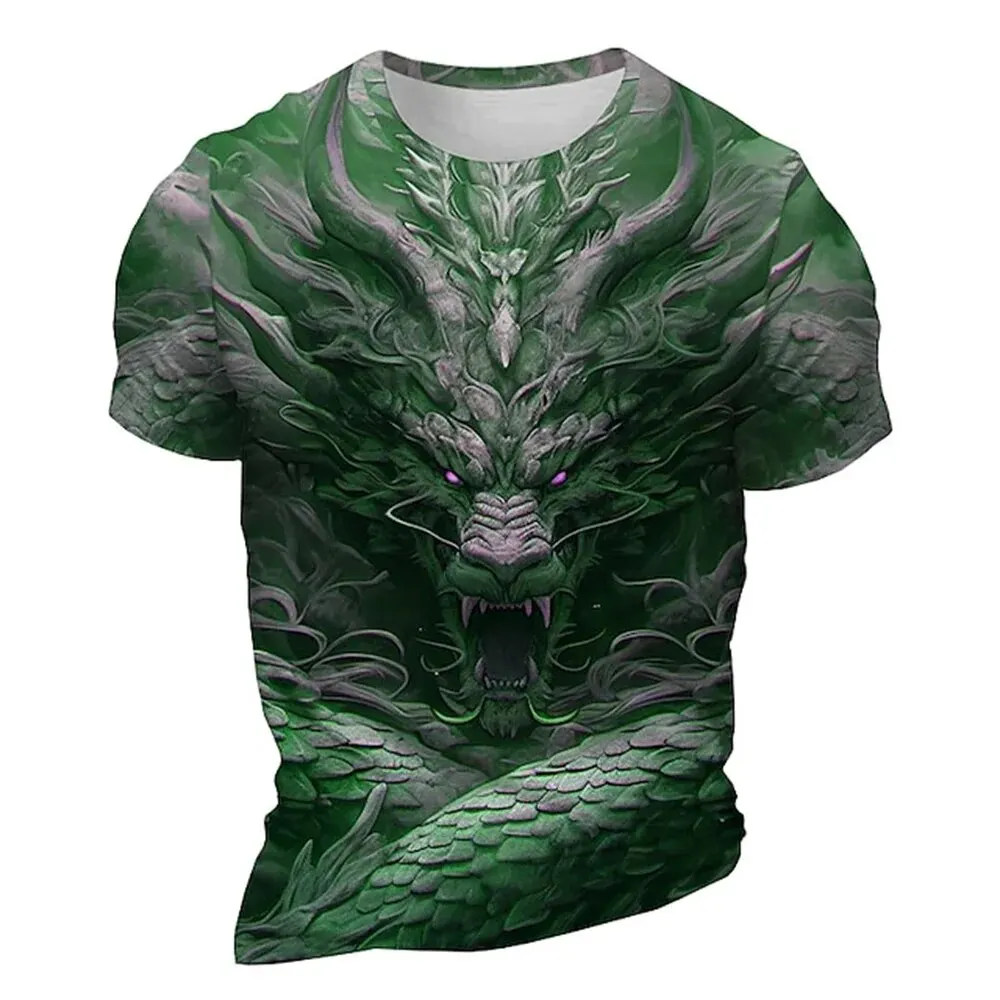 2024 New Summer Men\'s Round Neck Tops T-shirt Oversized Evil Dragon Print Pattern T-shirt Street New Fashion Short-sleeved Tops