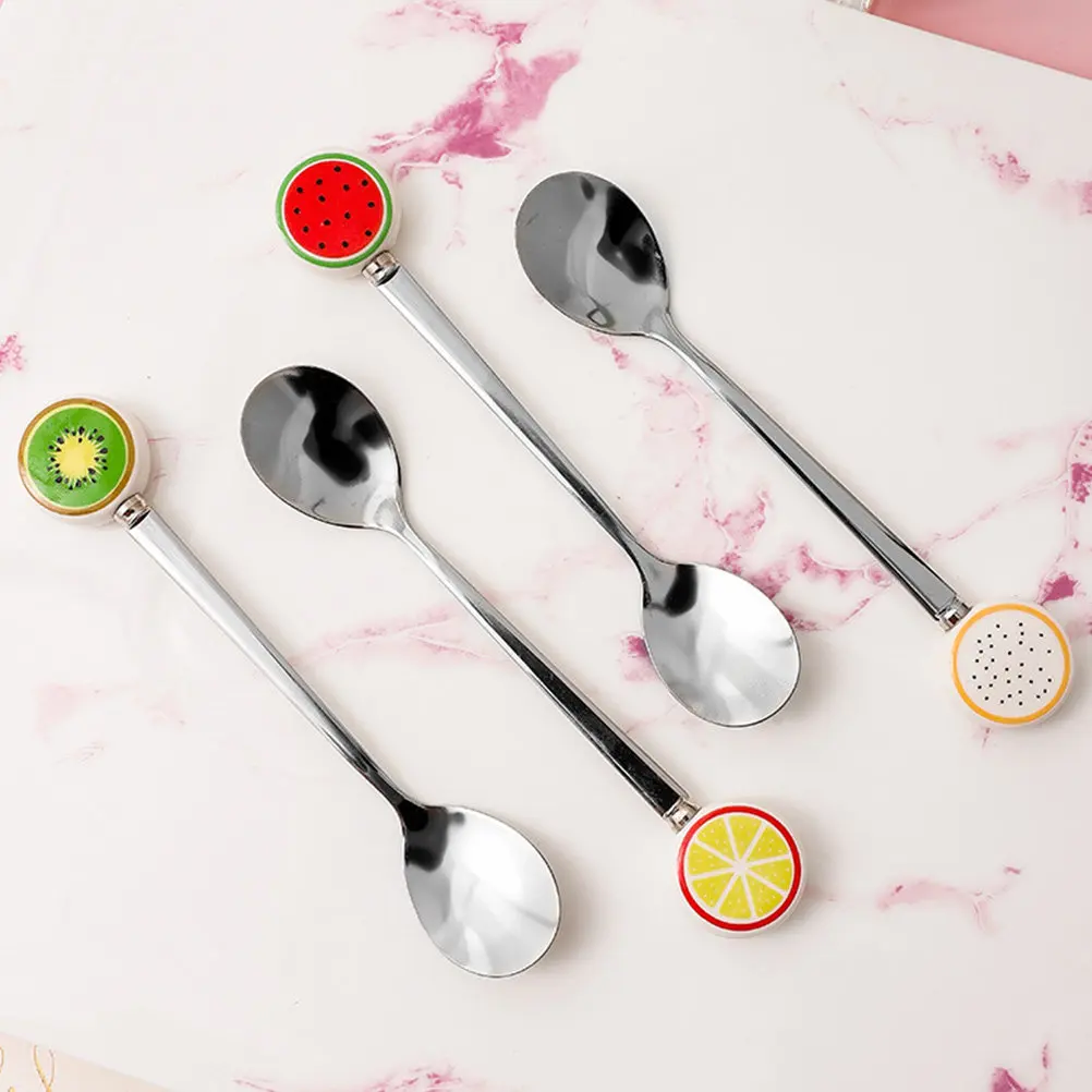 Juego de 3 Cucharas para Postre de Acero Inoxidable y Porcelana con Diseño de Sandía, Cucharas Creativas para Mezclar Café y Frutas, Reutilizables para el Hogar y la Cocina