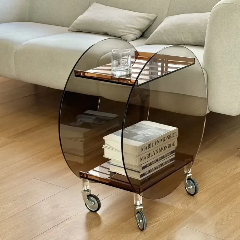 Acrylic Trolley for Sofa Edge Mobile Shelves Household Coffee Round Wine Table Meal Snack Storage Cart Organizer