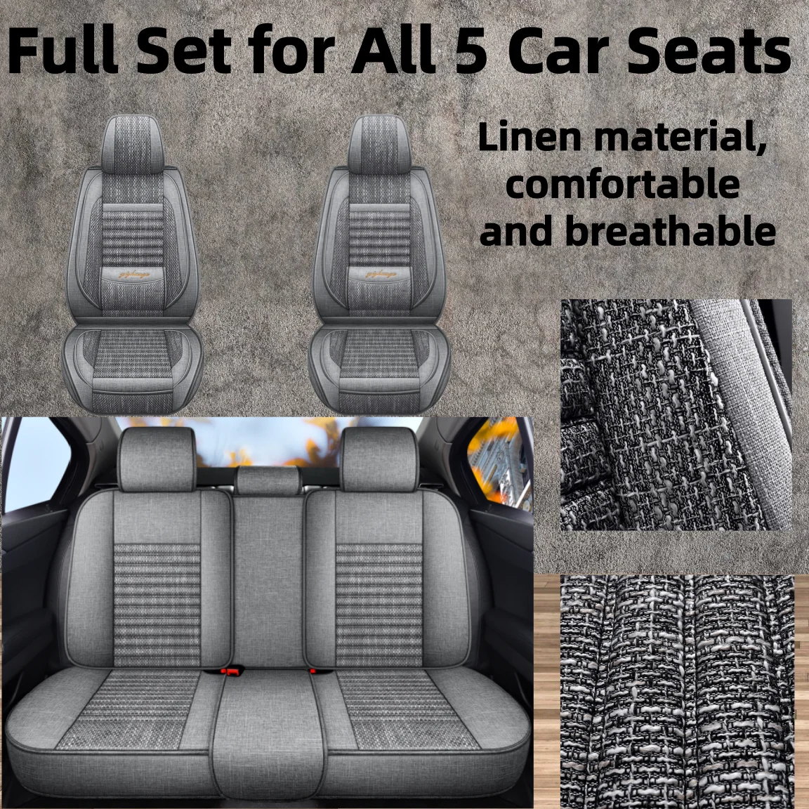 

Linen Material Car Seat Covers for 5 Seats, with Built-In Fixed Lumbar Support, Comfortable and Breathable, Suitable for All Seasons, Classic Color Options Available, Suitable for Most Car Models