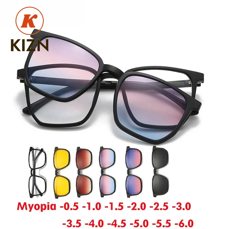 

KIZN 6 In 1 Myopia Polarized Sunglasses Big Frame Glasses Men Women Gradient Clip Magnet Custom Prescription Eyewear -0.5 to-10