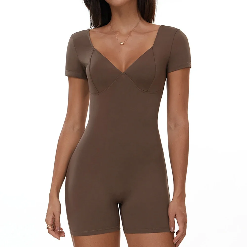

Summer Yoga Shorts Jumpsuits One Piece Bodycon Short Sleeve Sports Hollow Out Backless Pleate Tight Waist Bodysuit Fitness Suits