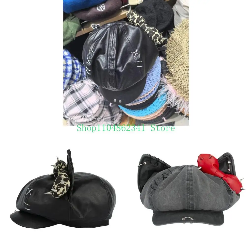 

5asd Rivet Studded Hat for Lady Girl Fashion 2000s Octagonal Hat Driver Hat Girl Skull Caps All Matching Rocker Hat