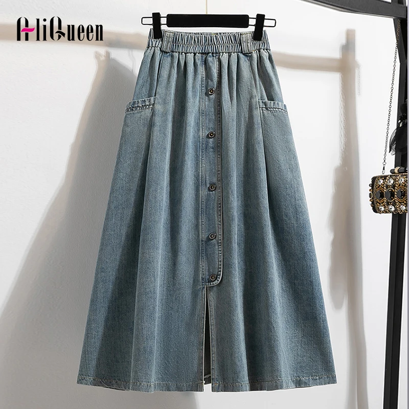 

Summer Streetwear Vintage Long Jean Y2k Skirts for Women Casual Elastic Waist Overall A-line Blue Pocket Cotton Denim Skirt 4XL