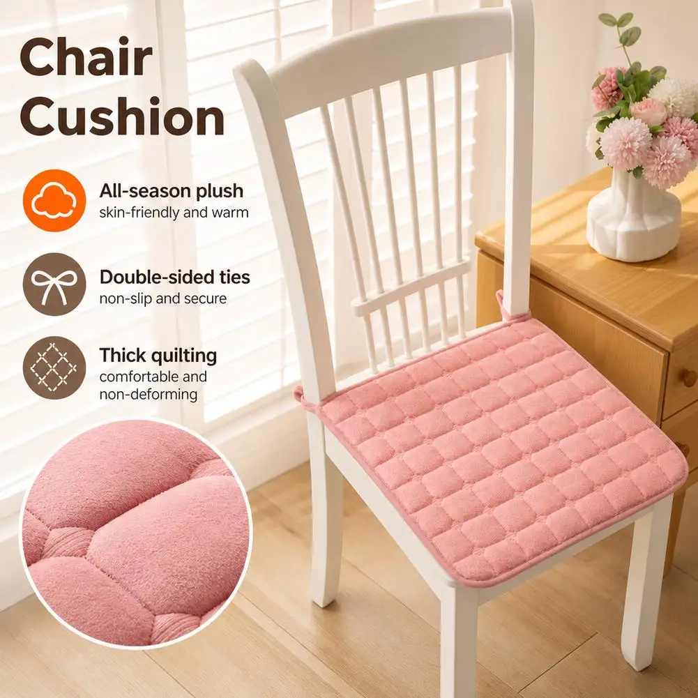 40x40cm Flannel Chair Cushion Soft Padding Quilted Surface Dining Chair Pad Tie Straps Square Shape Non Slip Student Chair Pad
