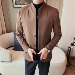 Chaqueta de traje de cuello alto de estilo chino para hombre, blazer de negocios informal ajustado, abrigo de vestido de novio de boda, otoño