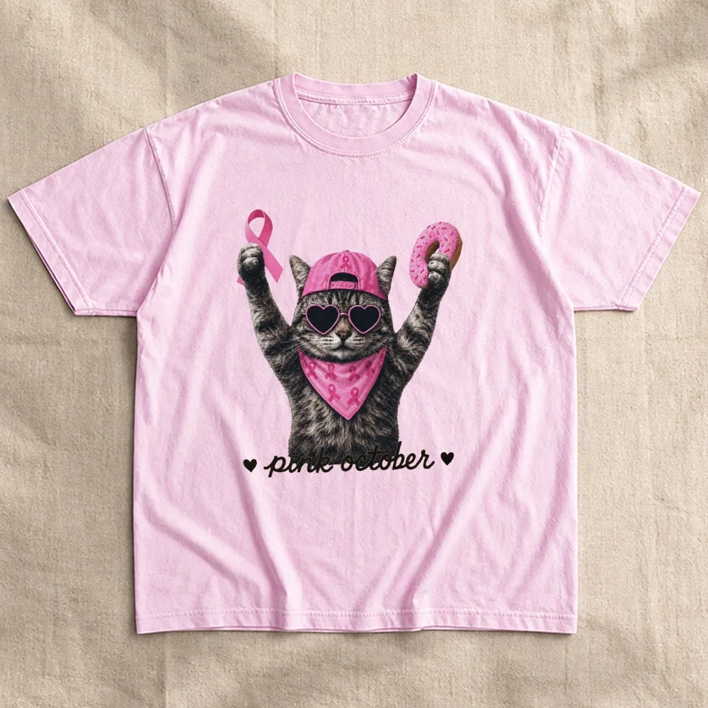 Pink October Cat T-Shirt Breast Cancer Awareness Cat Women Tee Chemo T-Shirt Pink Ribbon Kitty Shirt Funny Donut Cat Graphic Tee