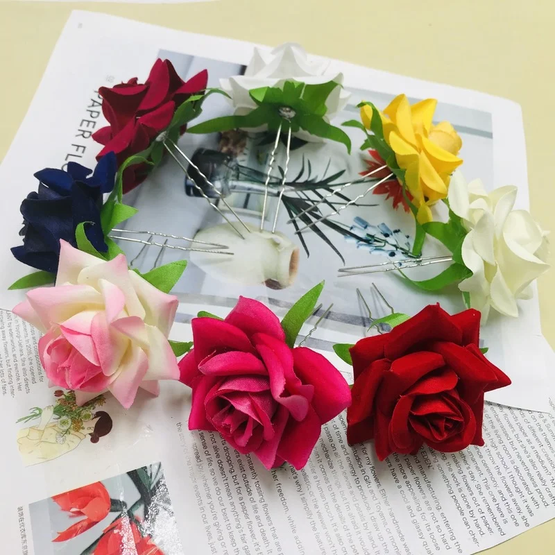 Artificial Rose Flower Bridal Wedding Hairpin U Shaped Women Hair Sticks Women Headwear Party Girls Festival Hair Accessories