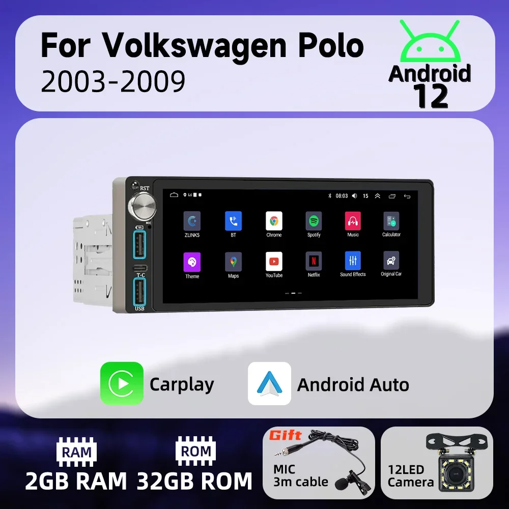 

Wireless Carplay Autoradio 6.86" Screen 1Din Radio Android Car Multimedia for VW Volkswagen Polo 2003-2009 Stereo Head Unit GPS