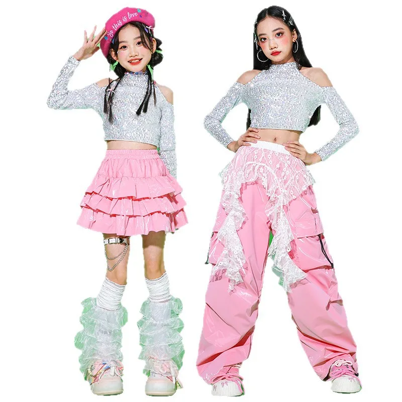 2025 Jazz Dance Outfit Girls Kpop Costume Silver Sequins Crop Top Pink Cake Skirt Kid School Dance Show Performance Wea
