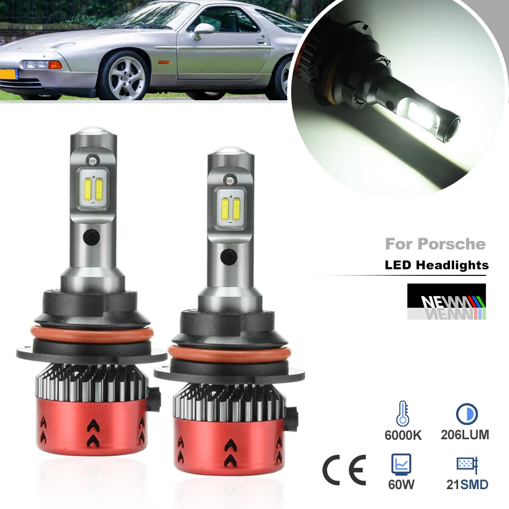 2PCs For Porsche 928 S4 CS SE GT GTS 1987-1995 Car Front Led Headlight Bulbs 9004 HB1 Hi/Lo Beam Driving Headlamps Canbus 6500K