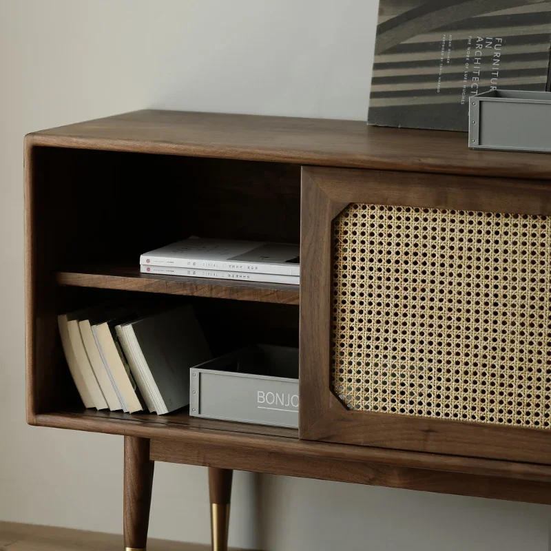 Armario de TV de madera maciza de nogal negro de América del Norte, gabinete de ratán de madera maciza para sala de estar, gabinete Audiovisual