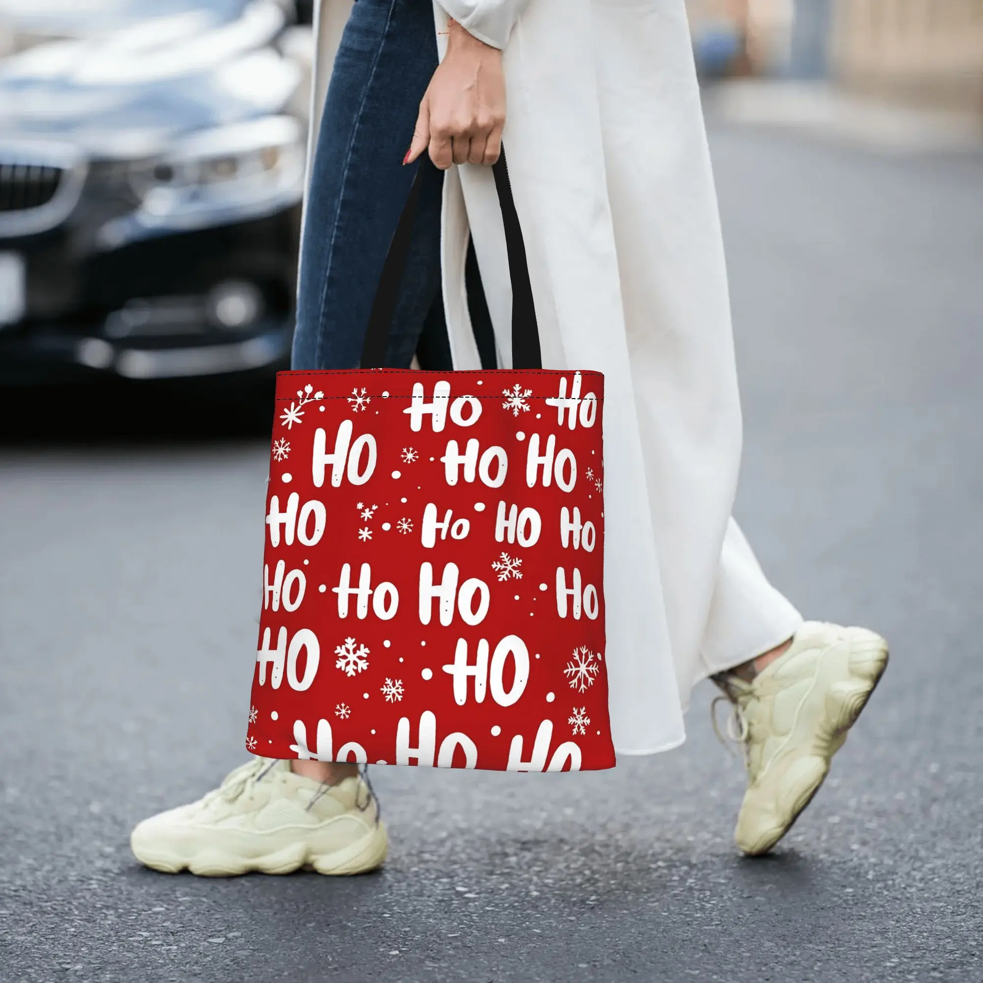 Customized HO HO HO HO HO HO HO Christmas Women's Bag Shopping Bag Reusable Double Sided Canvas Tote Bag Shoulder  Handbag