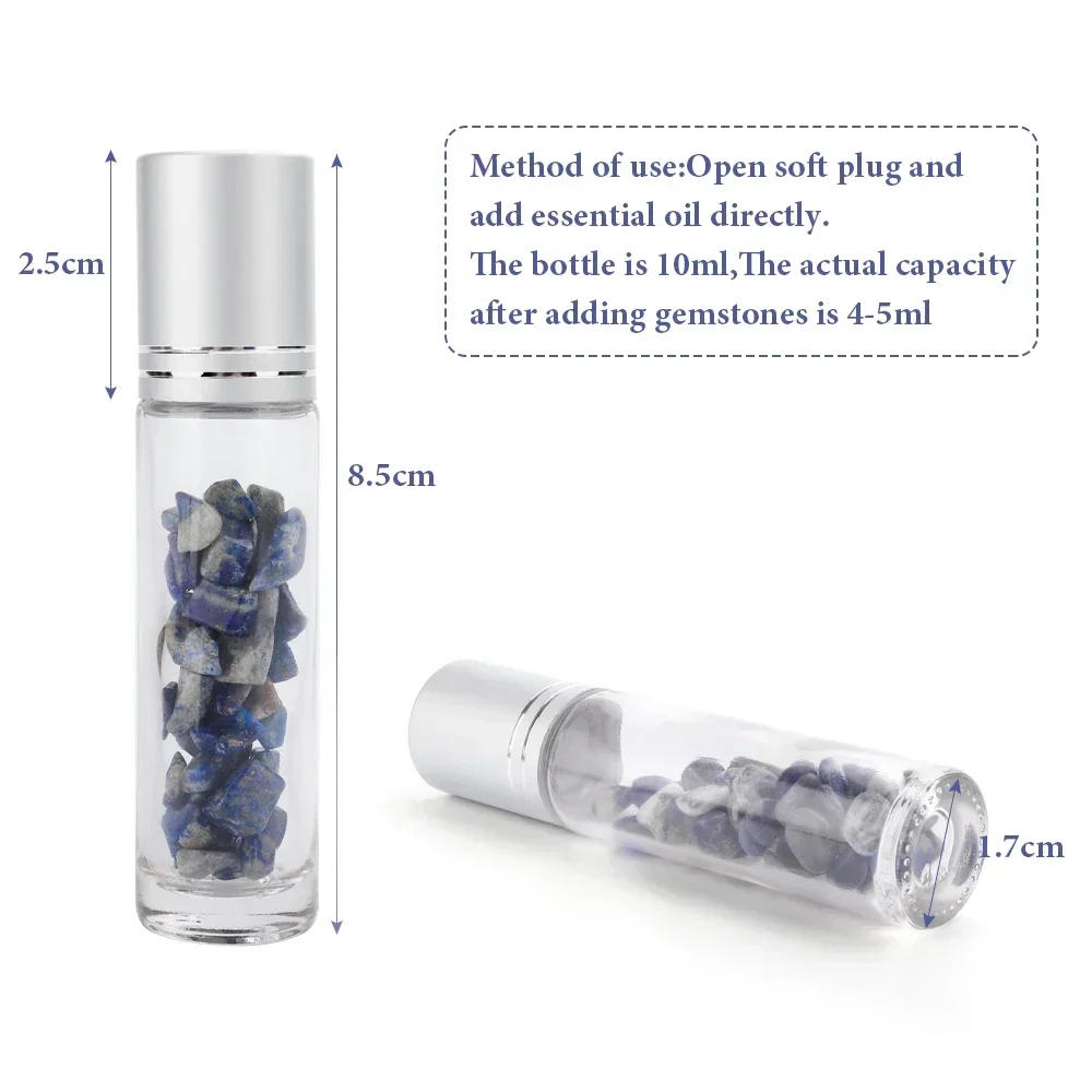 10ml 10pcs Natural Jade Crystal Chips Glass Roller Bottle for Essential Oils Roll-On Refillable Perfume Oil Liquid Bottle Travel