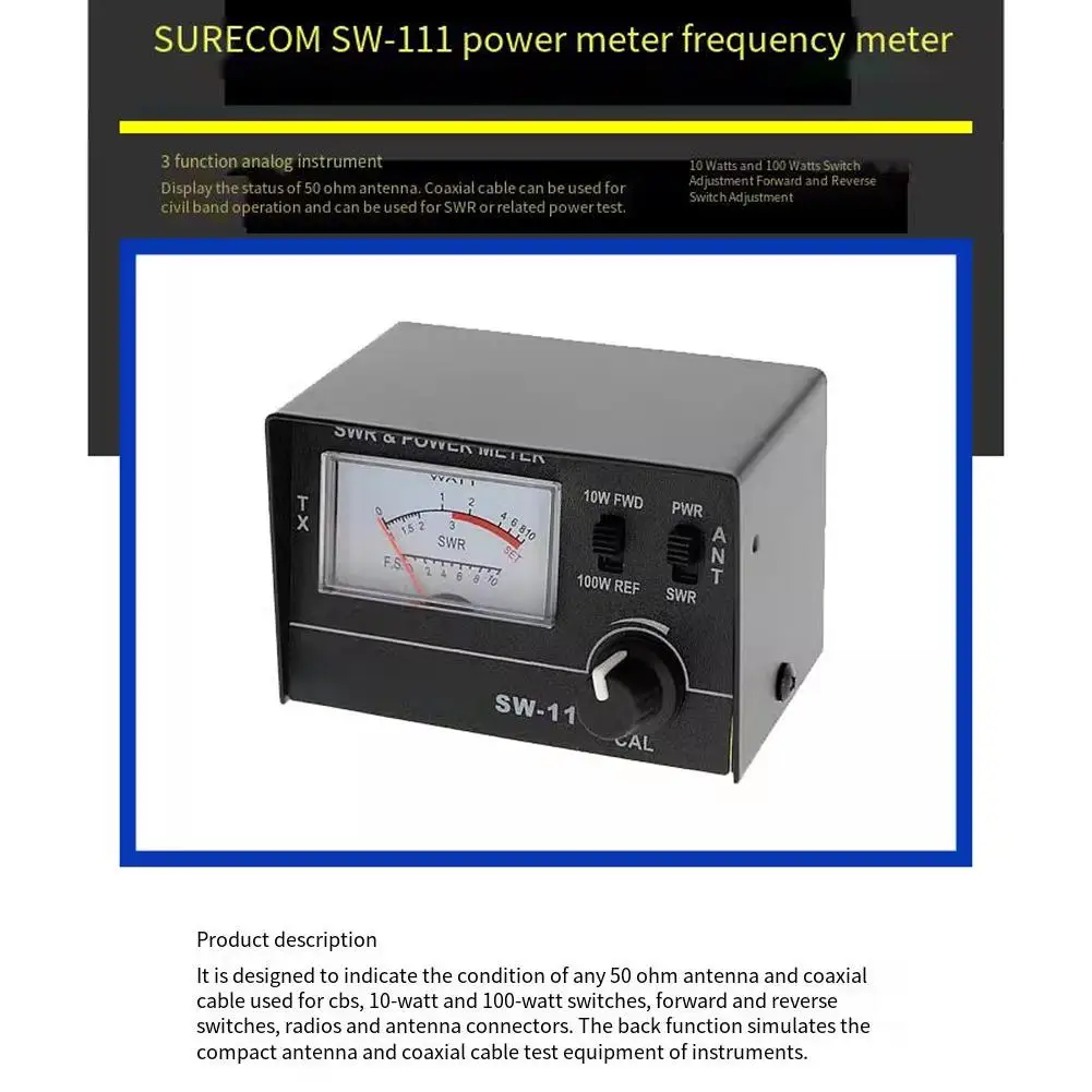 

SW111 100W Power VSWR Meter for CB Radio Antennas 50 Ohm Antenna and Coaxial Cable Tester with 10 and 100 Watt Switches