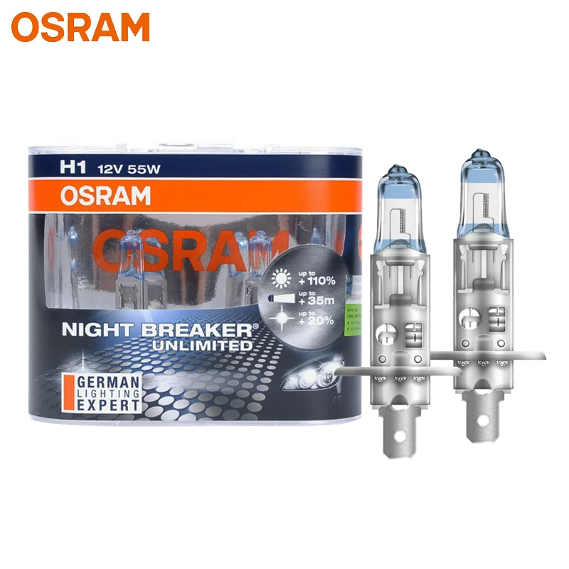 OSRAM H1 55W Night Breaker Unlimited 12V 64150NBU +110% Bright White Car Headlight Fog Lamp Genuine Halogen Lamp 3400K (2 Pcs)