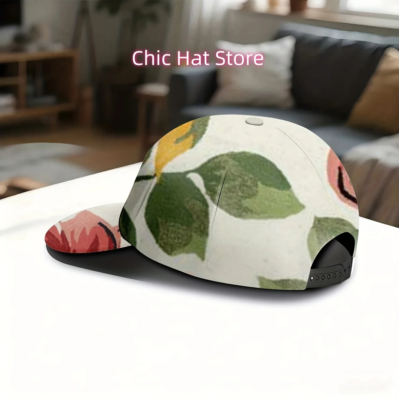 Tropical Flower Printed Baseball Cap, Large Red Flowers And Green Leaves Pattern Hat, Vacation Style Cap, Unisex, Adjustable, Su