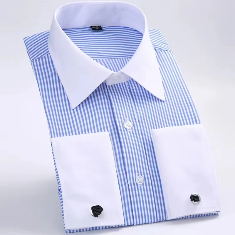 

2024New French men's fashion cuff-link striped shirt business long-sleeved shirt white-collar shirt loose plus size men's wear