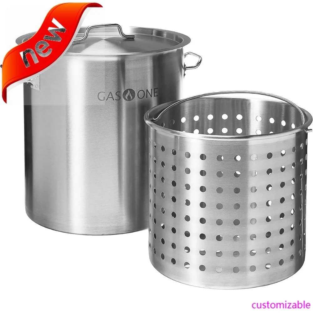 

NEW-GasOne Stainless Steel Stockpot With Basket – 100qt Stock Pot With Lid And Reinforced Bottom – Heavy-Duty Cooking Pot For De