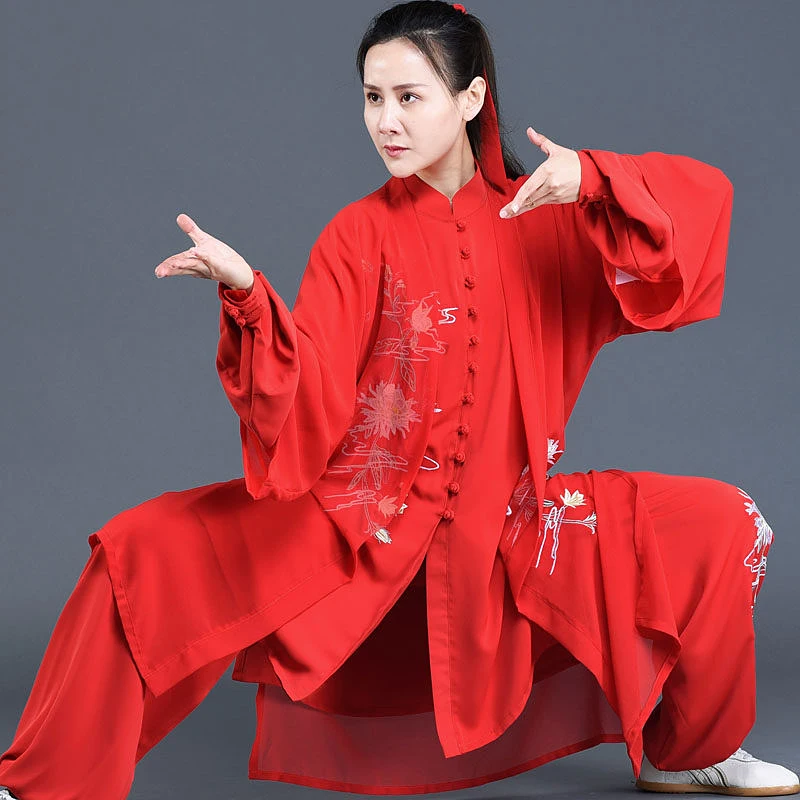 Custom Red Pearl Satin Tai Chi Suit, Slim Fit Women's Performance Wear with Ephemeral Flower Embroidery