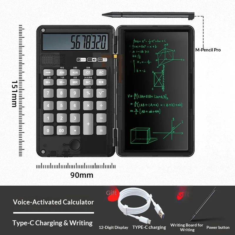 Rechargeable 6.5 Inch Lcd Writing Tablet With 12 Digit Calculator Portable Foldable Digital Notepad Type C Charging For Office