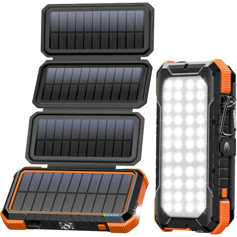 Solar Charger Power Bank,PD 18W Fast Charging Pack with 4 Foldable Panels,USB C Charger withCamping Flashlight Compass Carabiner