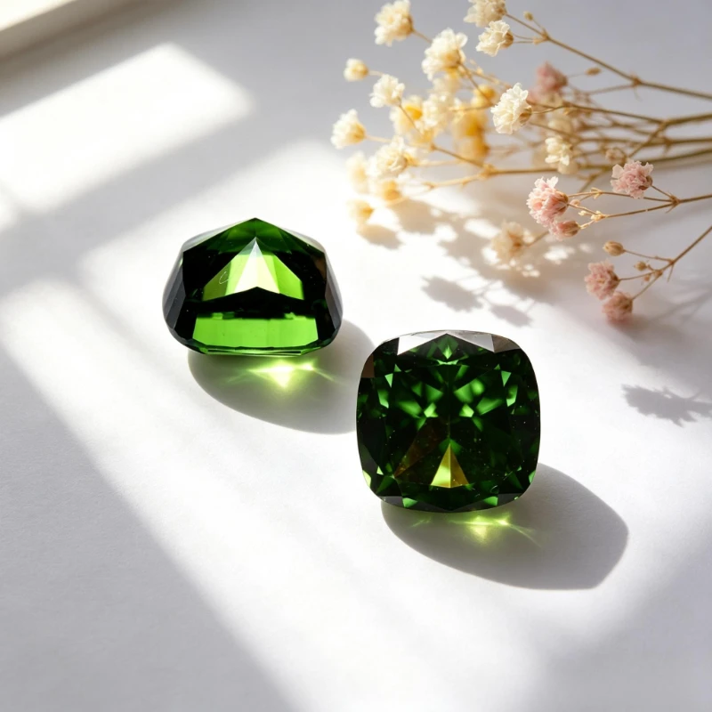 Kubisches Zirkonium, Crushed-Ice-Schliff, quadratische Kissenform, grüne Farbe, 5A+-Qualität, CZ, 4K-Schliff, hochkarätiger Diamant – Detail 2