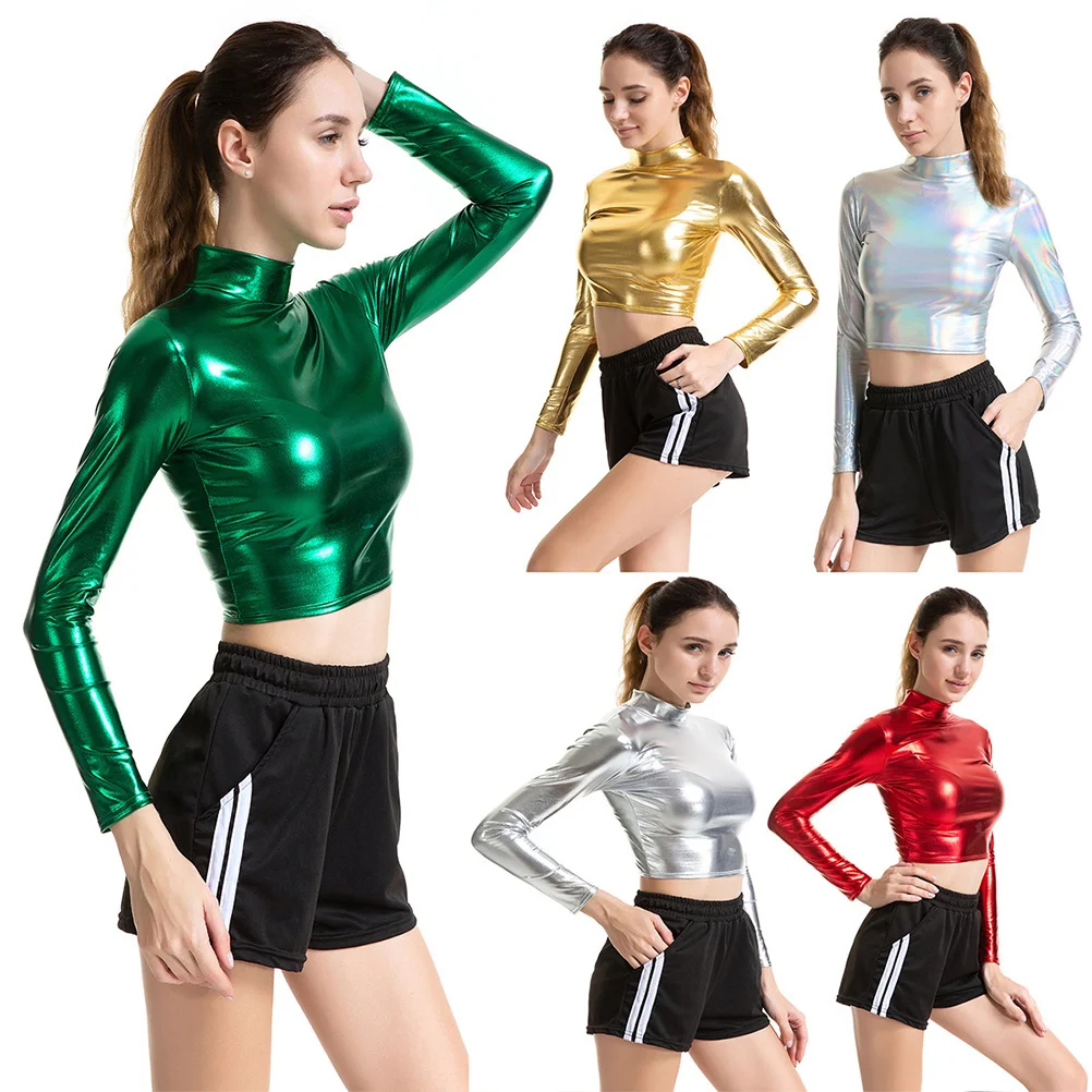 

Colorful Patent Shiny Bustier Long Sleeve Performance Costume Nightclub Stage Clothes for Women Size M Breathable
