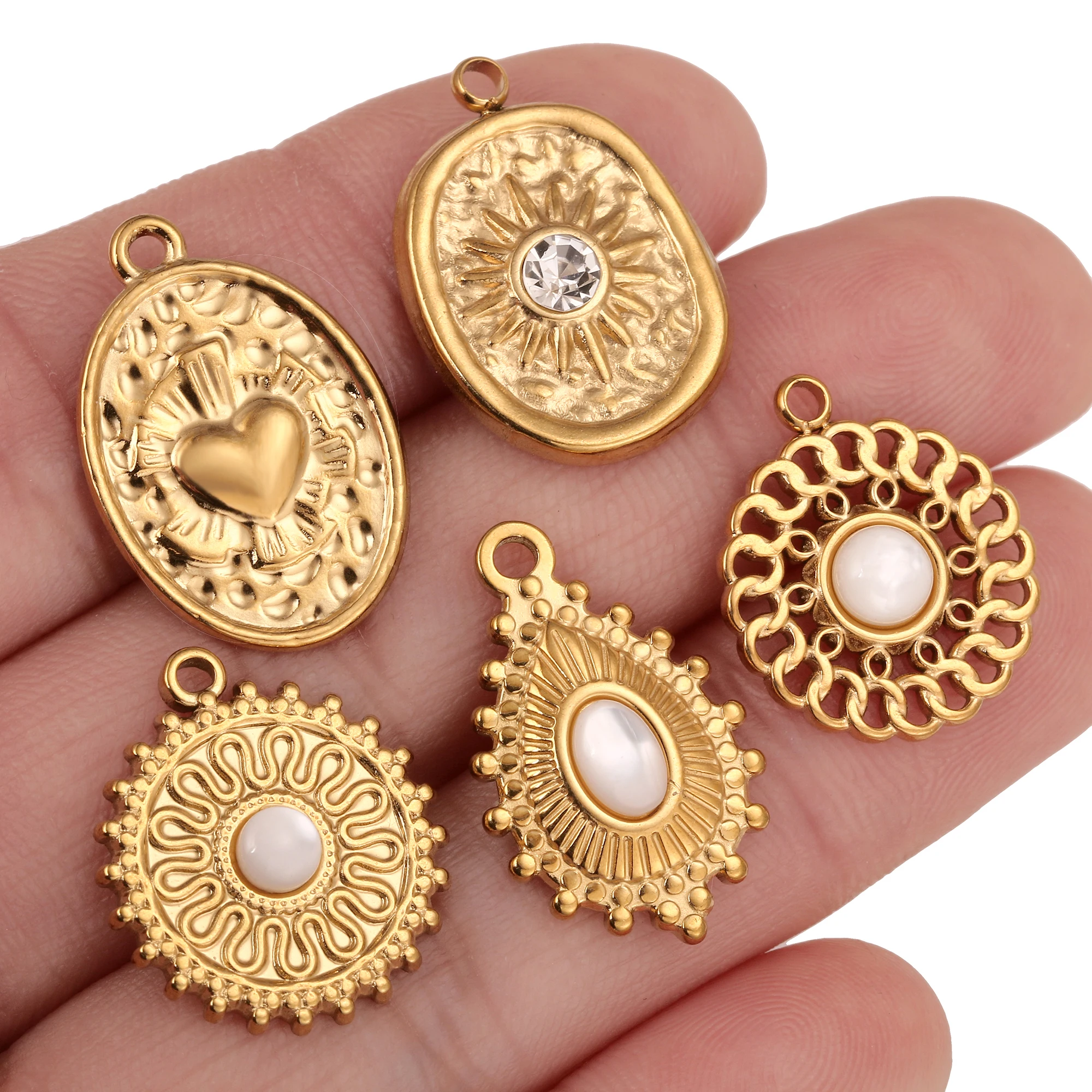 3Pcs Exquisite Waterproof Sun Charms Stainless Steel Hollow Embossed Natural Shell Pendants DIY Necklace Bracelet Jewelry Making