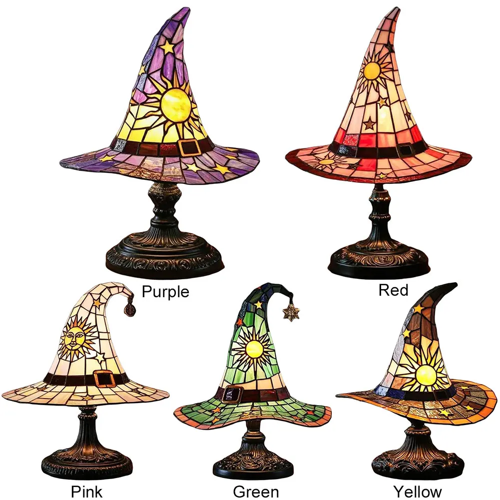 Criativo chapéu de bruxa lâmpada de vidro manchado chapéu de bruxa lâmpada usb alimentado criativo candeeiro de mesa luz da noite para sala estar casa quarto
