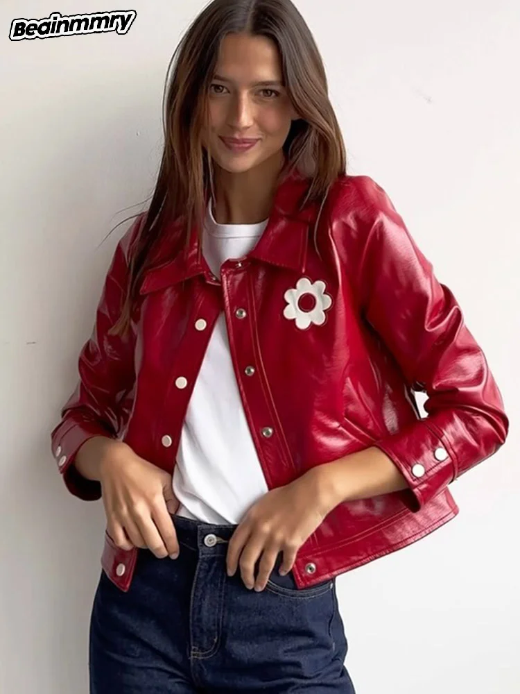 Fashion Red Laple Single-breasted Short Leather Jacket Women Full Sleeve Flower Printing Pocket Coat New Lady Street Outerwear