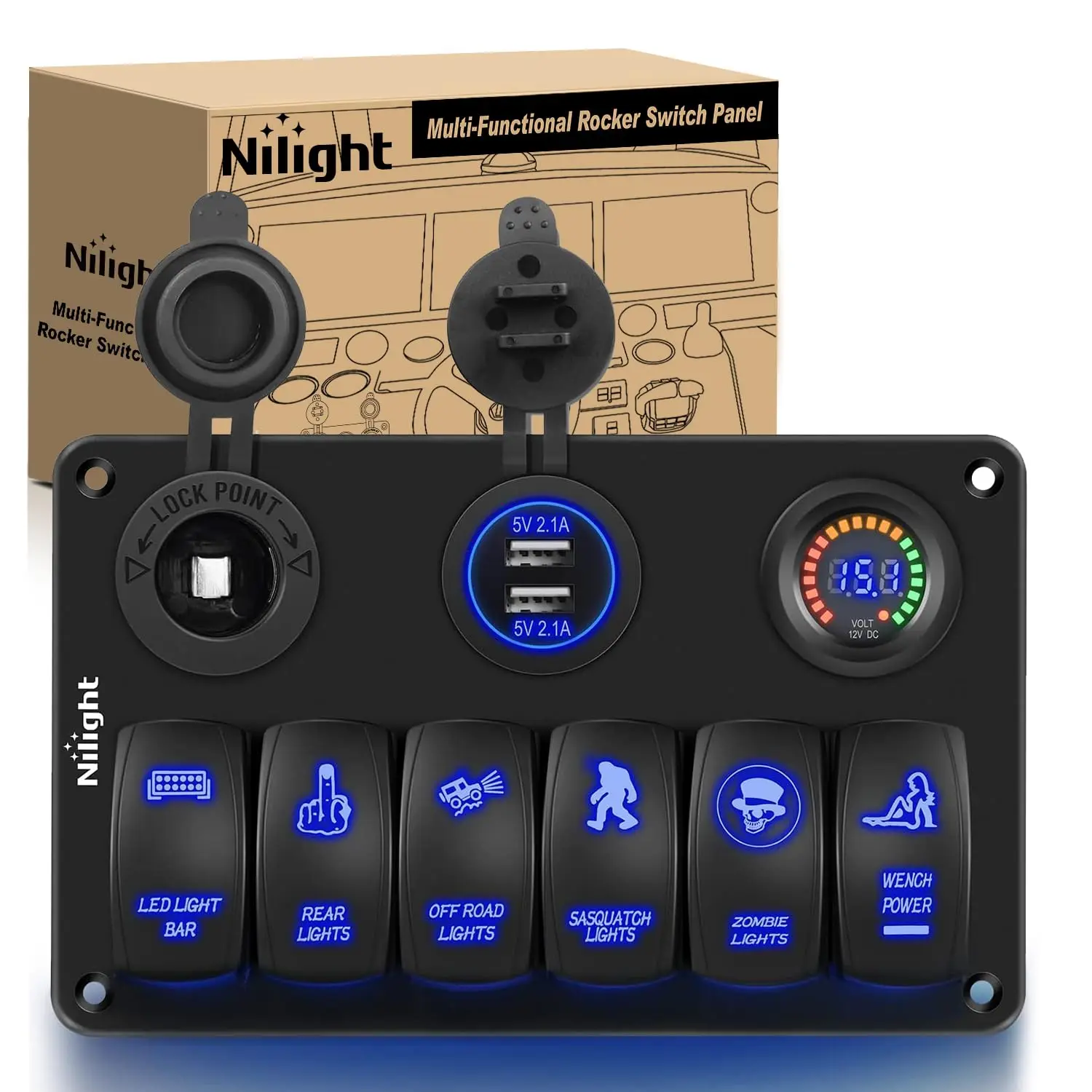 

6 Gang Rocker Switch Panel with LED Light Bar, Dual USB Charger & Voltmeter for 12V-24V Vehicles